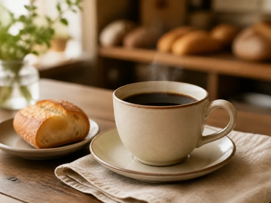 木のテーブルに置かれたブレンドコーヒー